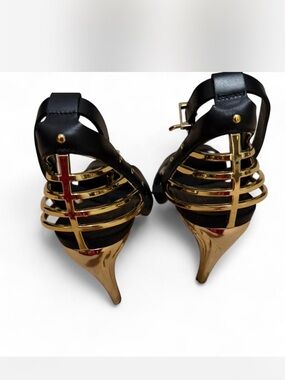 Fendi Black Leather High Heel Sandals with Gold-Tone Cage Straps